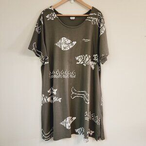 Vtg Sun Sport Midi Dress Womens Sz M Green Sea Animal Print Cotton Mexico